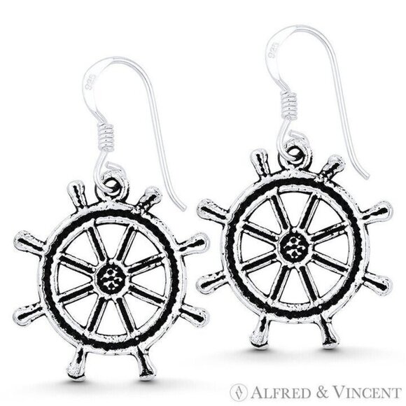 Ship's Helm / Sailor's Wheel Nautical Earrings in Oxidized .925 Sterling Silver - Picture 1 of 1